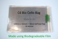 Pack of 100 - Biodegradeable C6 Cello - 120mm x 162mm and 30mm Flap - PLA Greeting Card Display Bags 30 Micron Self Seal - Small Cello