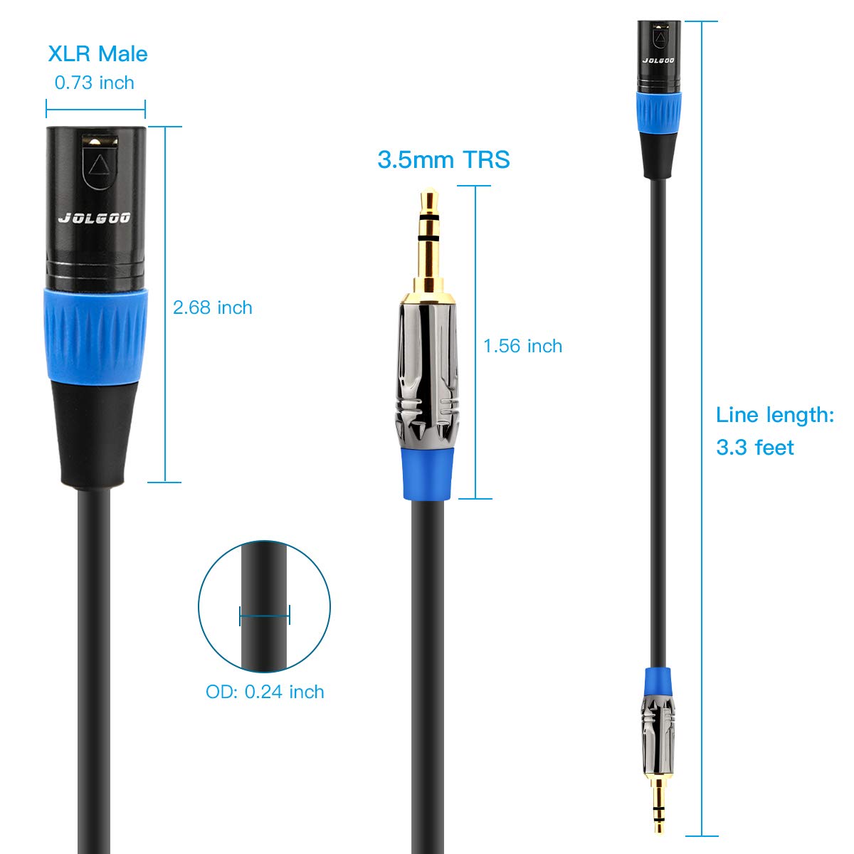 JOLGOO 3.5mm to XLR Cable, Unbalanced 1/8 inches Stereo Plug to XLR Male Microphone Cable, XLR to 3.5mm Cable Compatible with iPhone, iPod, Computer, Video Camera, and More, 1 Meter