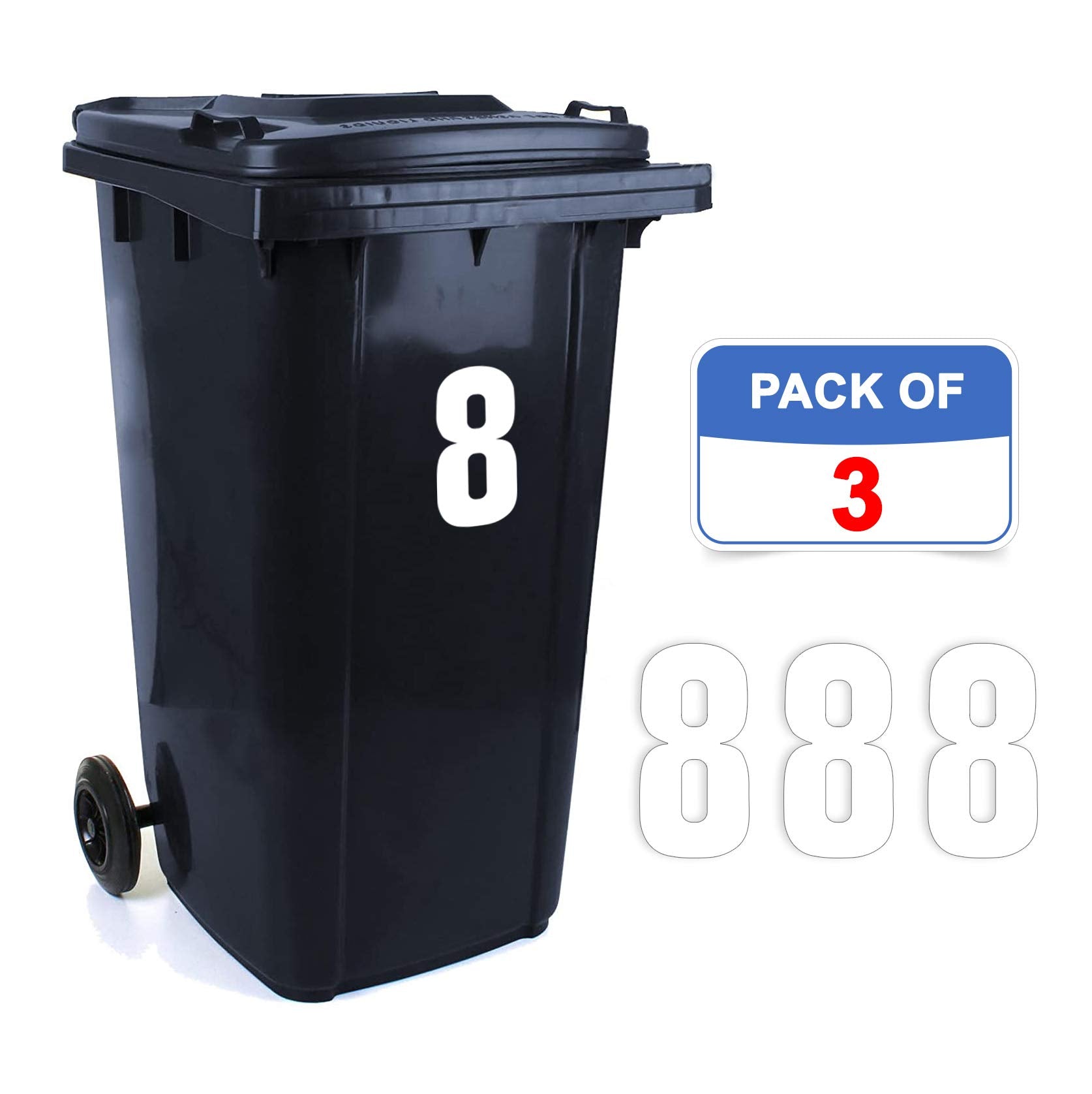 Pack of 3 Plain Dustbin Numbers Stickers Large Number - 8 (17 cm) Bin Numbers for Wheelie Bins Large Bin Numbers Packwith®