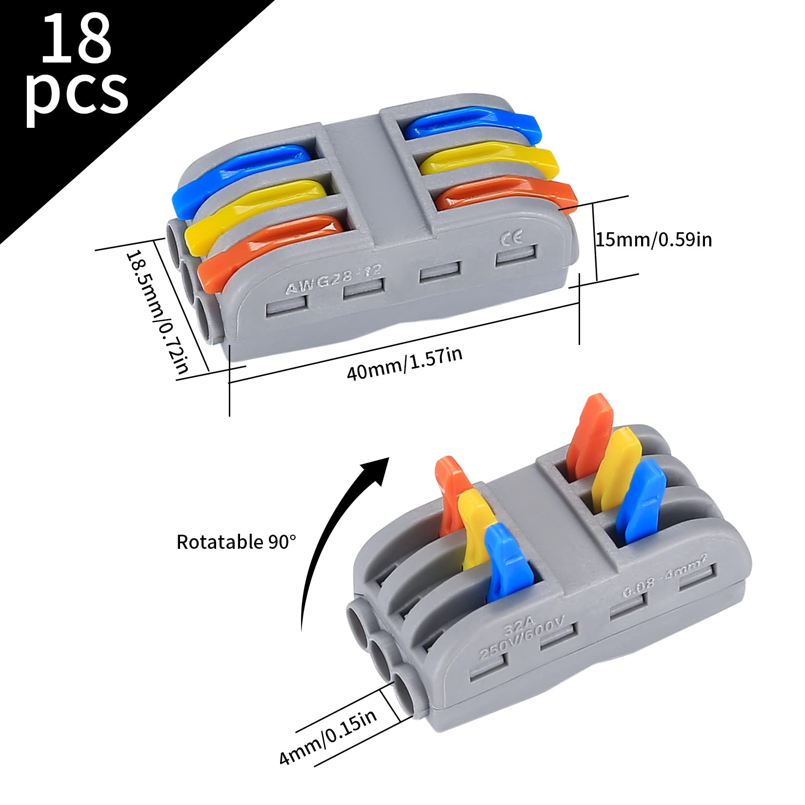 18 Pcs Lever Nut Wire Connectors, Conductor Compact Electrical Wire Cable Connectors, Quick Splicing Terminal Block Connectors, Cable Clamp Terminal Block Spring Connectors - Multicolor Lever