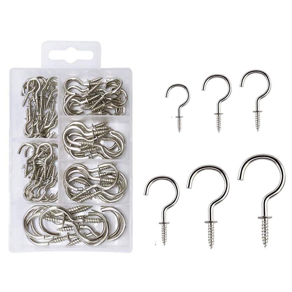 90 Pcs Screw in Hooks, Cup Hooks 6 Sizes Hooks for Hanging Mug Cup Ceiling Hooks Hooks Kit for Kitchen Garden