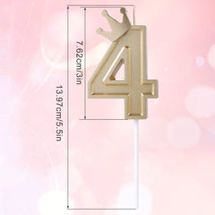 AIEX 3inch Birthday Number Candle, 3D Candle Cake Topper with Crown Cake Numeral Candles Number Candles for Birthday Anniversary Parties (Gold; 4)