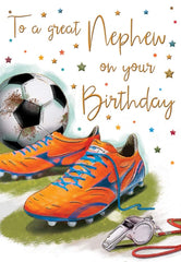 Piccadilly Greetings Regal Publishing Birthday Greeting Card - To a Great Nephew on Your Birthday - Football Boots and Ball - Foil Finish - for Him, 9 x 6