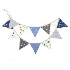 G2PLUS Universe Space Fabric Bunting Banner, 10.8 Feet Cotton Space Themed Garlands, 12PCS Blue and White Double Sided Triangle Pennants for Birthday Parties & Kids Bedrooms