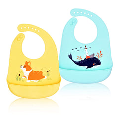 FILOWA Baby Bibs Silicone Feeding Bibs for Babies Weaning Waterproof Wide Food Crumb Catcher Pocket Unisex Kids Soft Easily Wipe Clean Cute Animal Design Machine Washable No-Mess Food Grade,2 Pieces