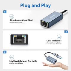 USB 3.0 to Ethernet Adapter with USB C to RJ45 Gigabit LAN 1000 Mbps Wired Network, Ethernet to USB Type-C 10/100/1000Mbps Network Adapter for Windows XP, MAC OS, Linux, VISTA 7 8 10 11 and more