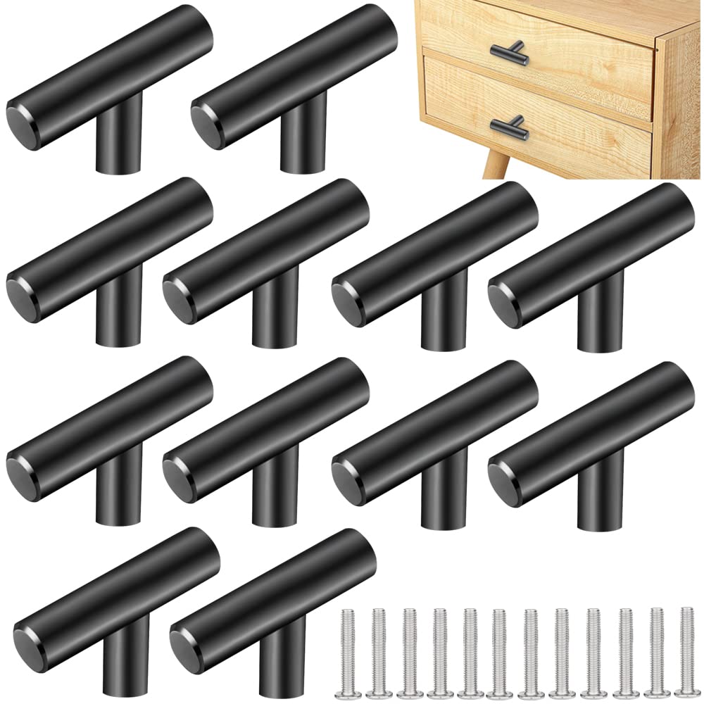 ZACUDA 12 PCS T Bar Handle Stainless Steel Cabinet Pulls 50mm Single Hole Drawer Knob Pulls Silver Kitchen Cabinet Handles Furniture Knobs with Screws for Cupboard Cabinet Wardrobes Bathrooms Doors