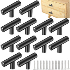 ZACUDA 12 PCS T Bar Handle Stainless Steel Cabinet Pulls 50mm Single Hole Drawer Knob Pulls Kitchen Cabinet Handles Furniture Knobs with Screws for Cupboard Cabinet Wardrobes Bathrooms Doors（Black）