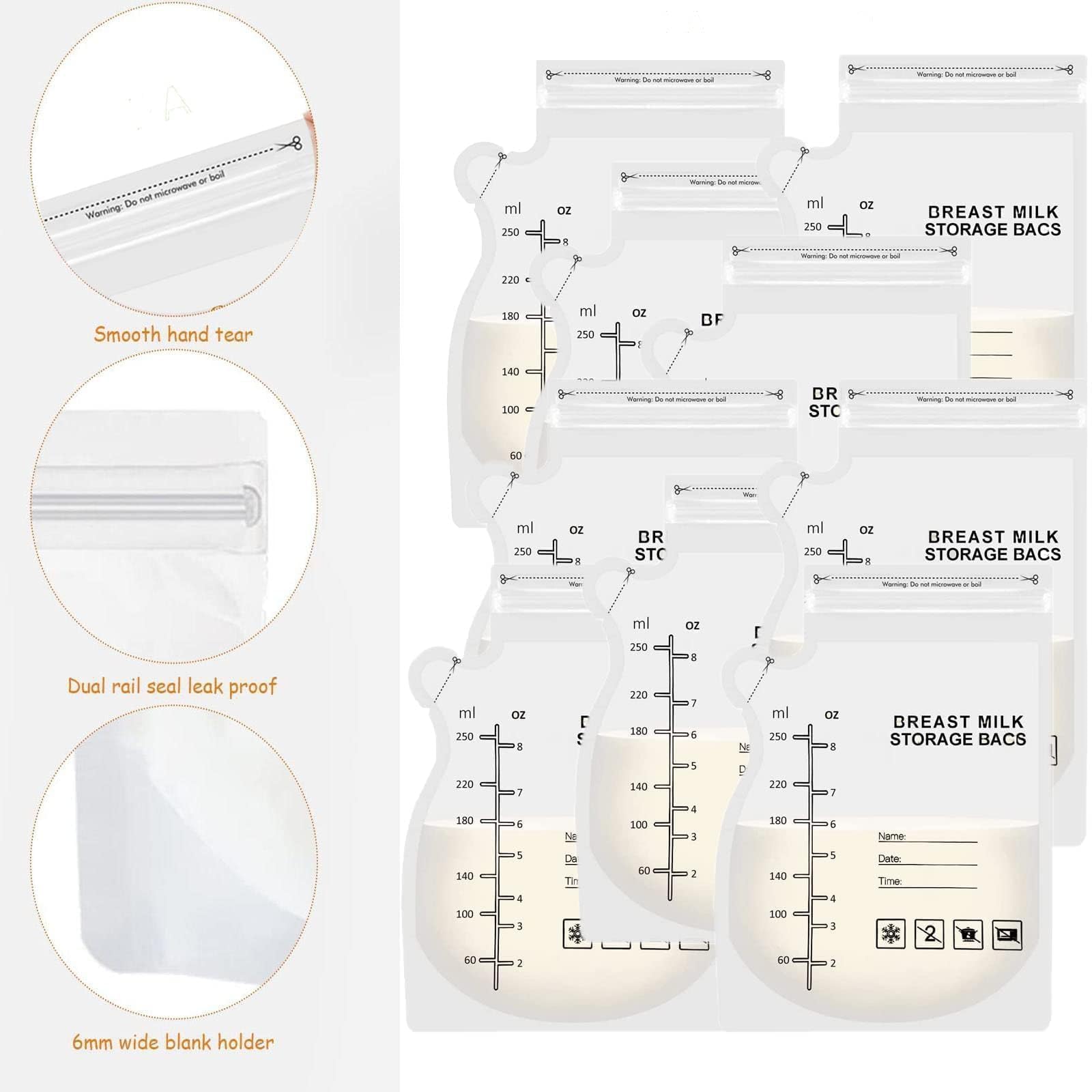 JEOPKO 50 Pcs Breast Milk Storage Bag, Easy Pour Pouch, Breastfeeding Essentials Fresh-Keeping Bag with Scale, Double Zipper Sealing Space Saving for Fridge or Freezer Use