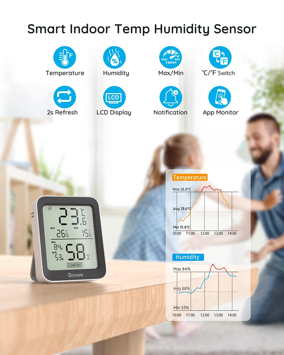 Govee Room Thermometer Hygrometer, Bluetooth Digital Indoor Humidity Meter with Smart Alert and Data Storage, Temperature Monitor for Baby Greenhouse