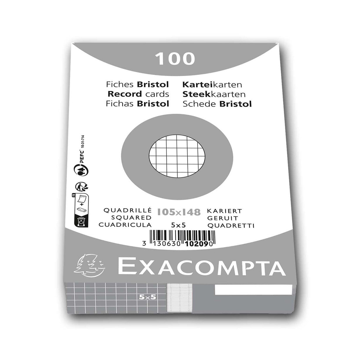 Exacompta - Ref 10209E - Bristol Squared Record Cards (Pack of 100) - A6 in Size, 205gsm Card, Compatible with Printers - Suitable for Exam Revision & Notes - White