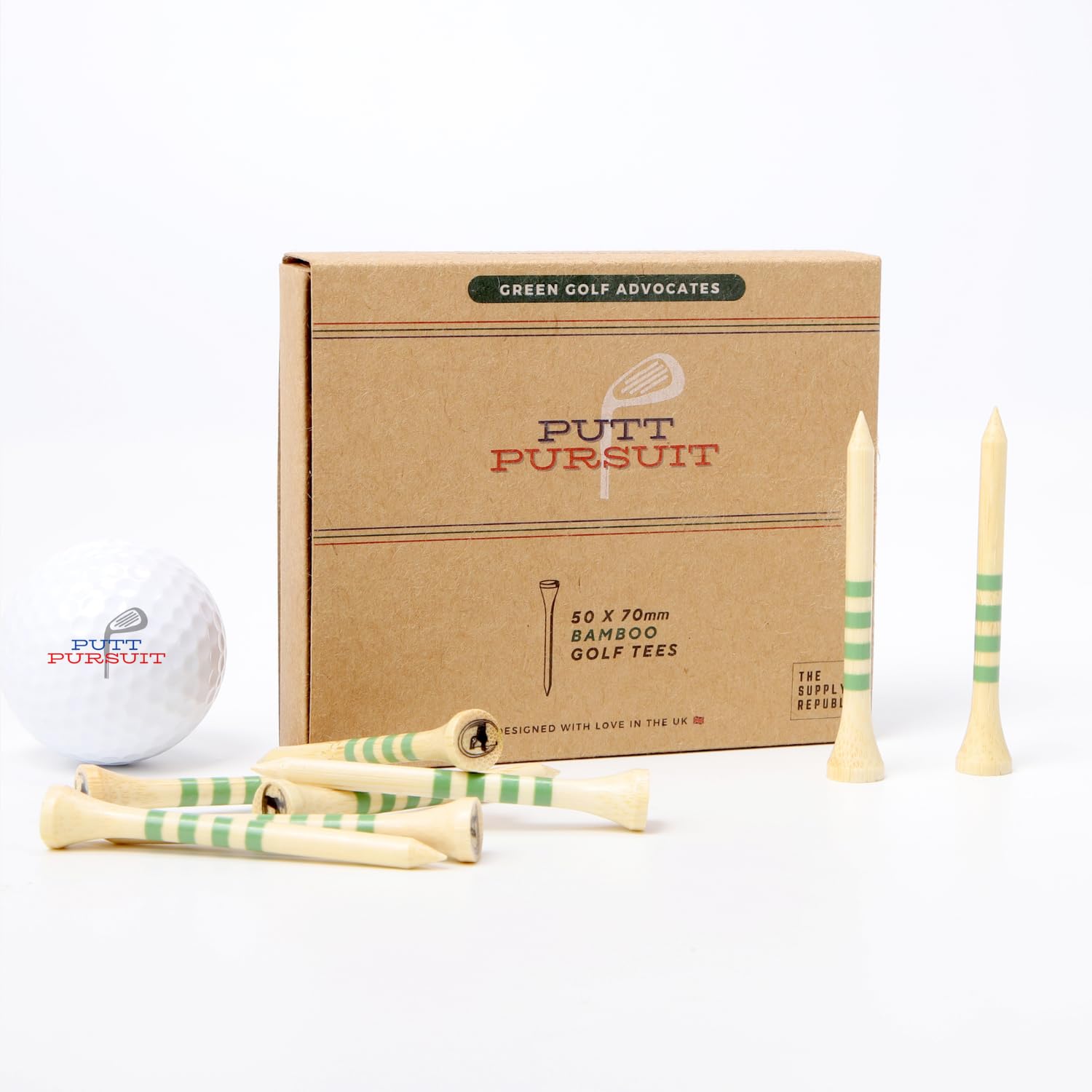 Putt Pursuit 7cm/70 mm Natural Golf Tees with 4 Green Strips (50 Pack) - Professional Tees, Sturdy, Biodegradable & Sustainable - Premium Natural Bamboo Wood Material - Curved Top for reduced friction