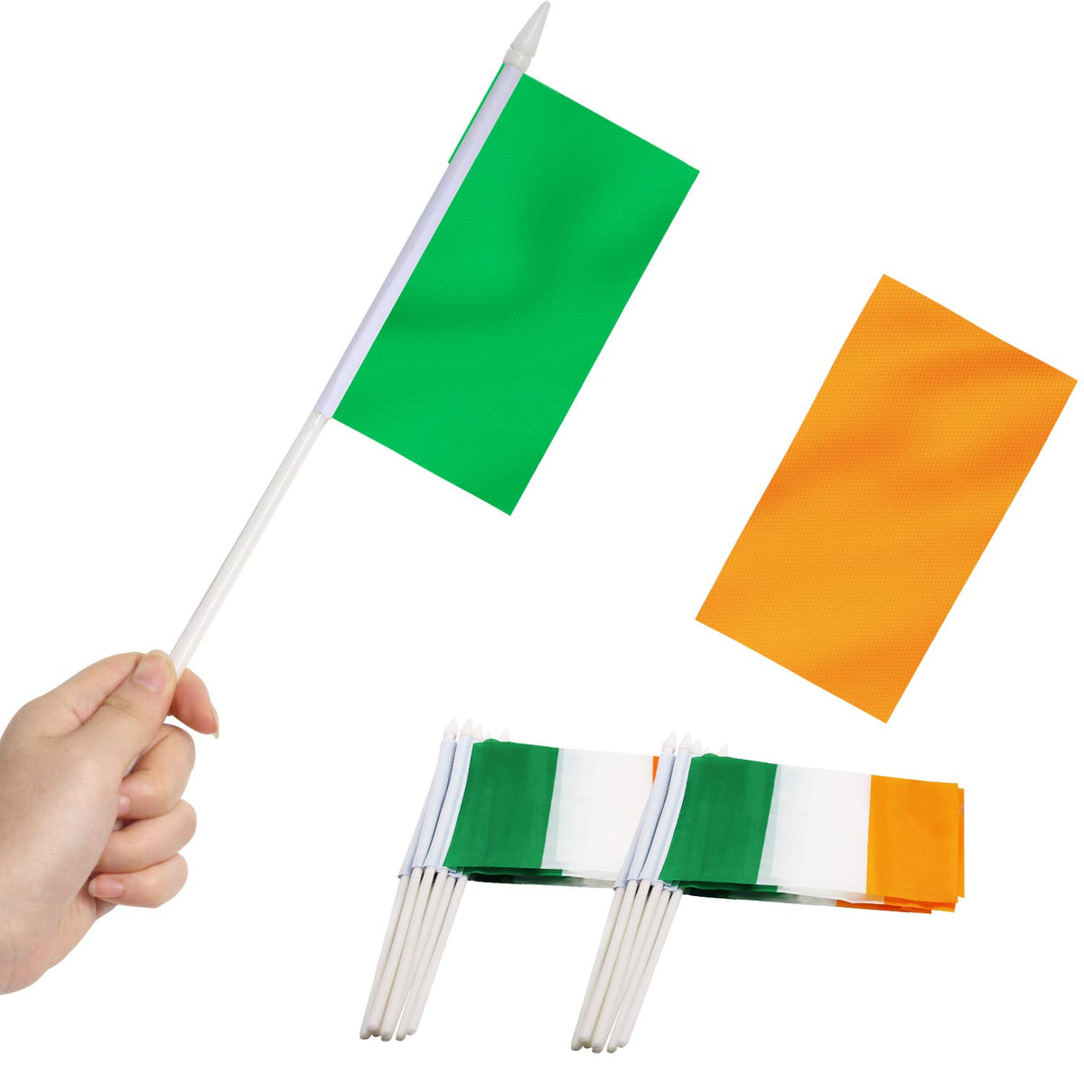 Ireland Stick Flag, ANLEY Irish National 5x8 inch HandHeld Mini Flag With 12 inches White Solid Pole - Vivid Color and Fade Resistant - Hibernian 5 x 8 inch Hand Held Stick Flags With Spear Top (1 Dozen)