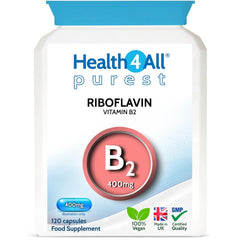 Health4All Vitamin B2 Riboflavin 400mg Migraine Support 120 Capsules (4 Months Supply) Vegan, no additives, High Strength Riboflavin Supplement