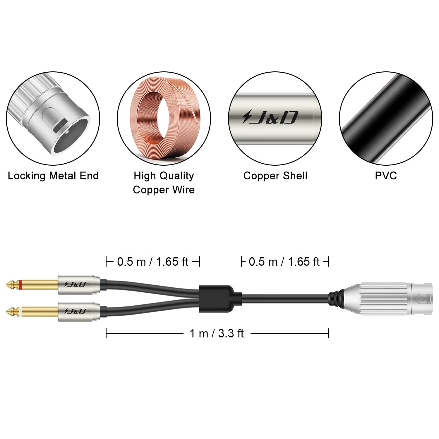 J&D Dual 1/4 inches to XLR, XLR Male to Dual 6.35mm TS Mono Plug Microphone Cables, Gold-Plated Connector Stereo Microphone Audio Converter Cables and XLR Y Splitter Cable, 1 Meter