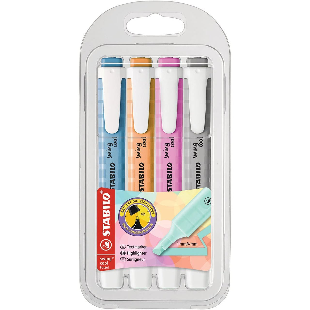 Highlighter - STABILO swing cool Pastel - Pack of 4 - Dusty Grey, Frozen Fuchsia, Breezy Blue, Pale Orange