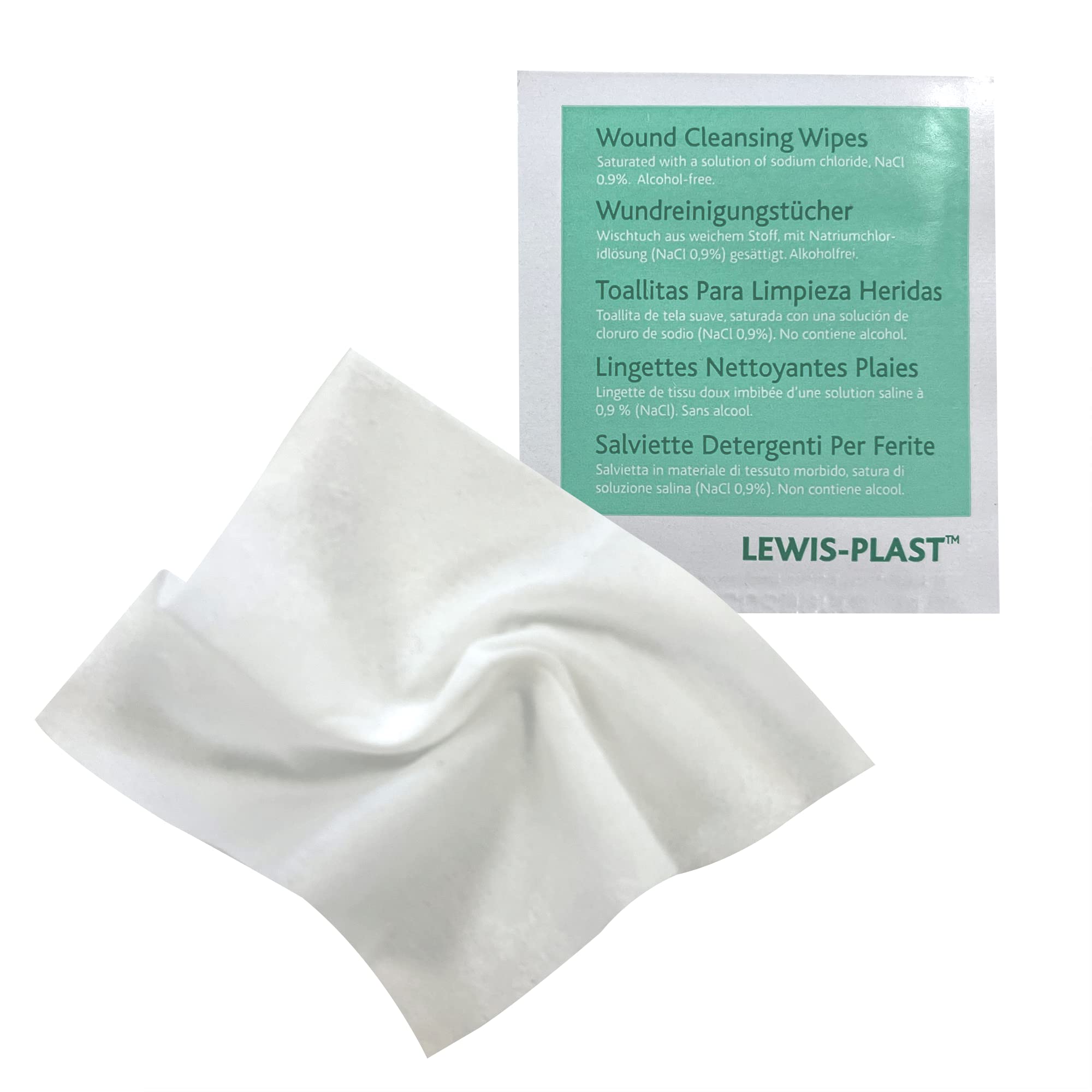 Lewis-Plast Premium Saline Sterile First Aid Alcohol Free Wipes - Box of 100 Antiseptic Antibacterial Medical Grade Cleaning Wipe for Wound, Cleansing Area Before Injection and Piercing, Green