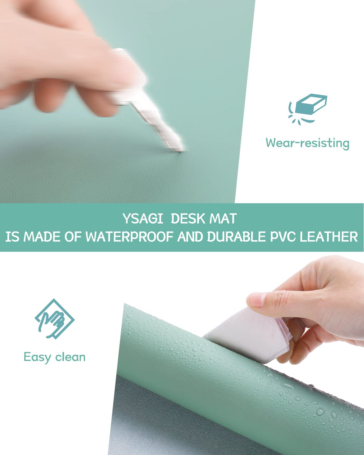 YSAGi Non-Slip Desk Pad, Waterproof PVC Leather Desk Table Protector, Ultra Thin Large Mouse Pad, Easy Clean Laptop Desk Writing Mat for Office Work/Home/Decor (60 x 35 cm, Light Green)