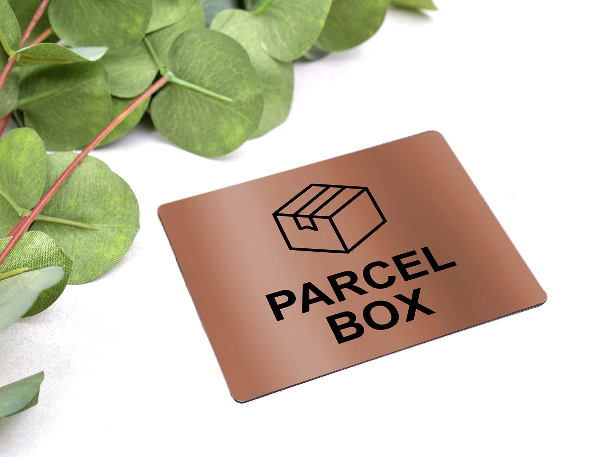 Parcel Box Adhesive Sign - Notice For Deliveries, Delivery Drivers, Packages, Post, Leave Parcel Here (size 12cm x 10cm) Never Loose Your Delivery Again. (Copper)