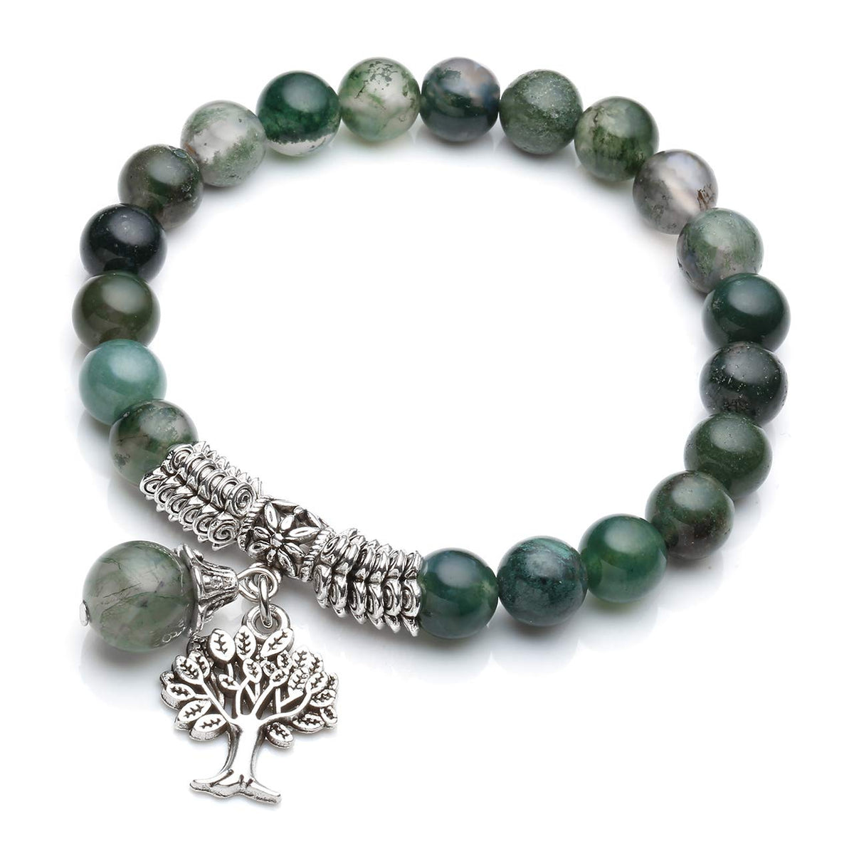 JSDDE Moss Agate Crystal Bracelet Reiki Healing Crystal Gemstone Beads Bracelet with Tree of Life Charm Bracelets for Women