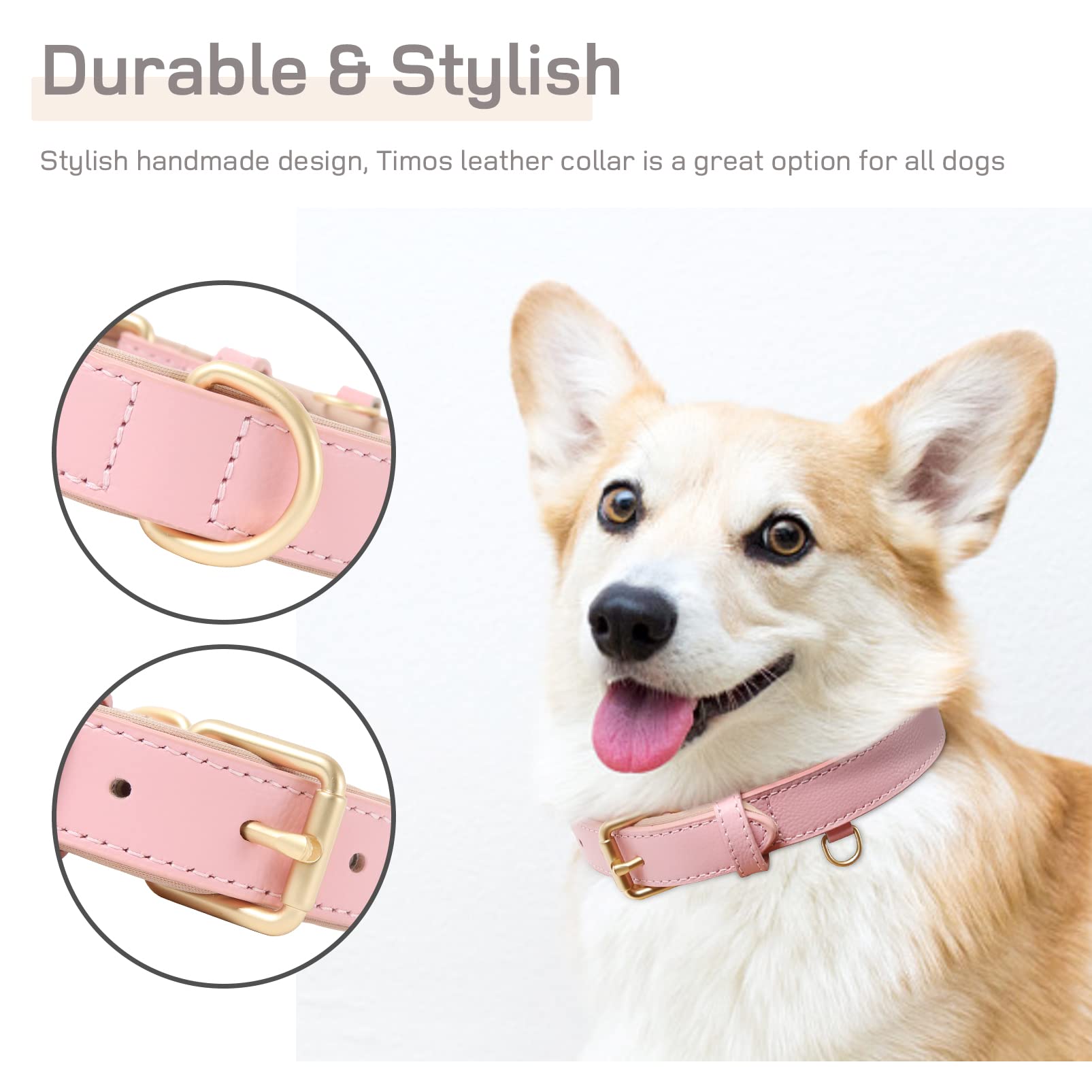 HEELE Soft Leather Dog Collar Puppy Small Dogs Breathable Padded with D Ring, Adjustable Classic Dog Pet Collar, Pink, XS