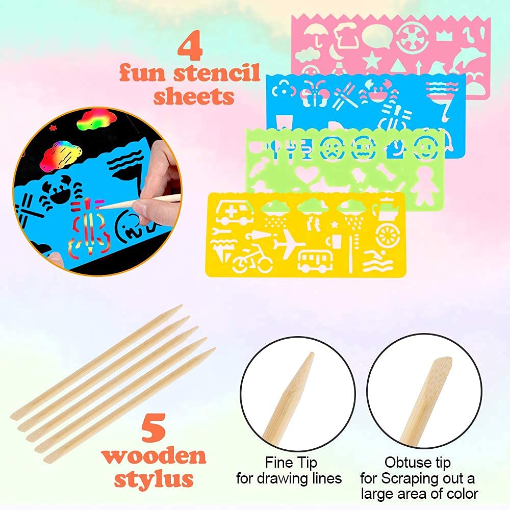 Mocoosy 60Pcs Scratch Art Paper for Kids - Rainbow Magic Scratch Off Paper Art and Craft Kit Scratch Note Black Doodle Pads with 4 Stencils 5 Wooden Stylus for Party Favor Game Activities Gift