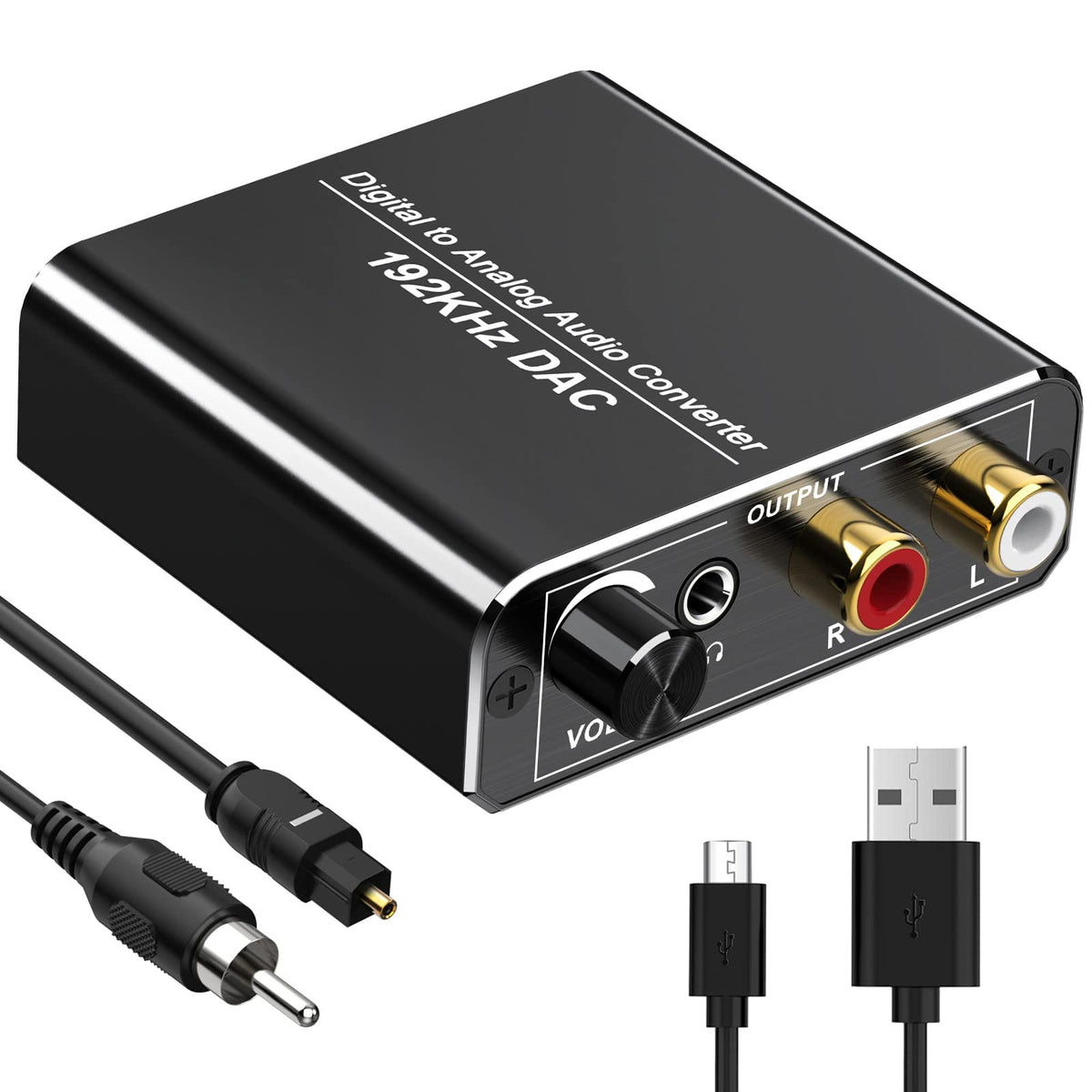 DAC Converter 192KHz Fokky Digital SPDIF Toslink to Analog Audio Converter with Volume Control, Optical to RCA L/R Audio Converter with Optical Cable, Coaxial Cable, for PS3 PS4 Xbox Blu-ray TV