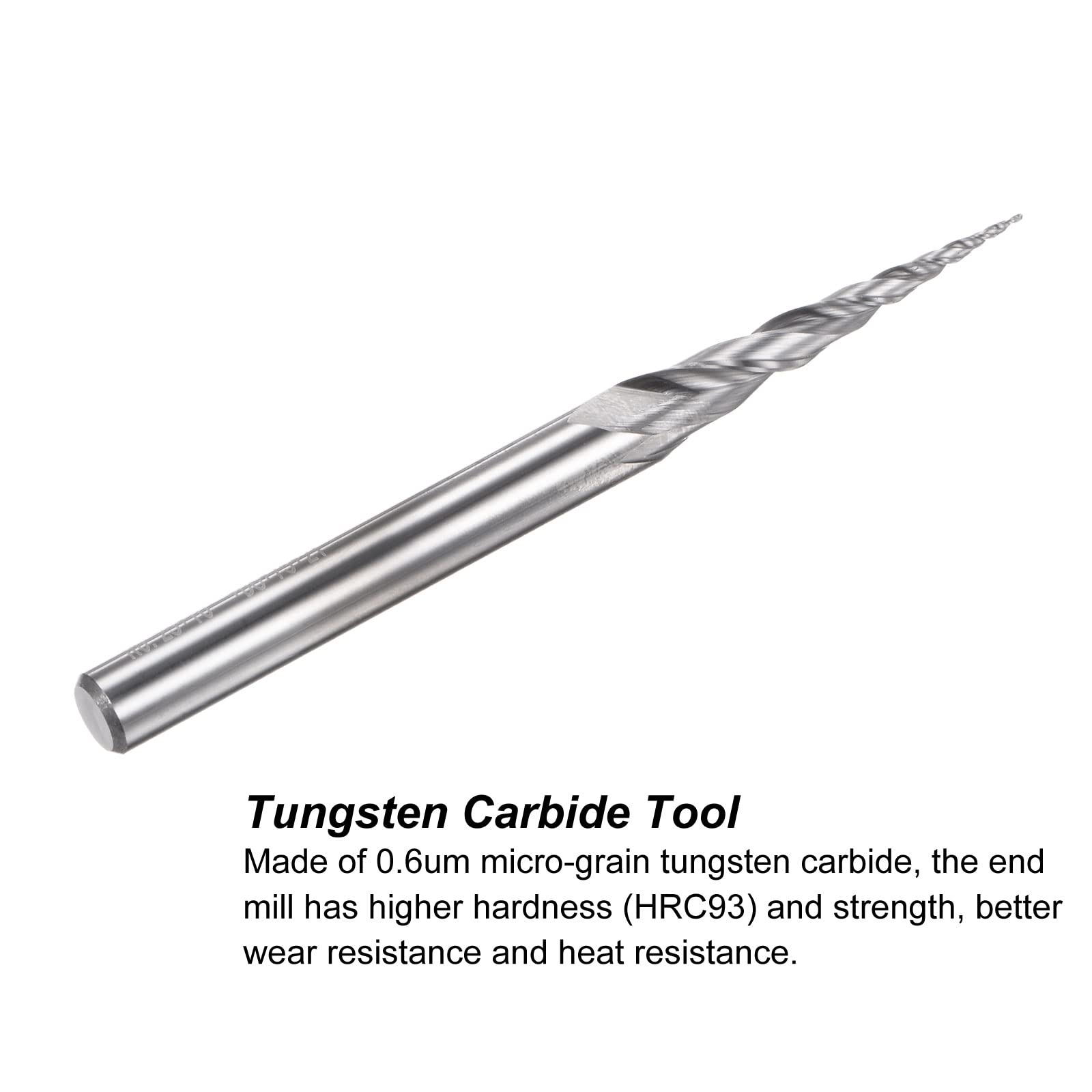 sourcing map Tapered Ball Nose End Mill, Uncoated Solid Carbide 2 Flute Spiral Milling Cutter, 0.25mm Radius, 0.5mm Diameter, 6mm Shank, 75mm Length, 10 Degree Angle