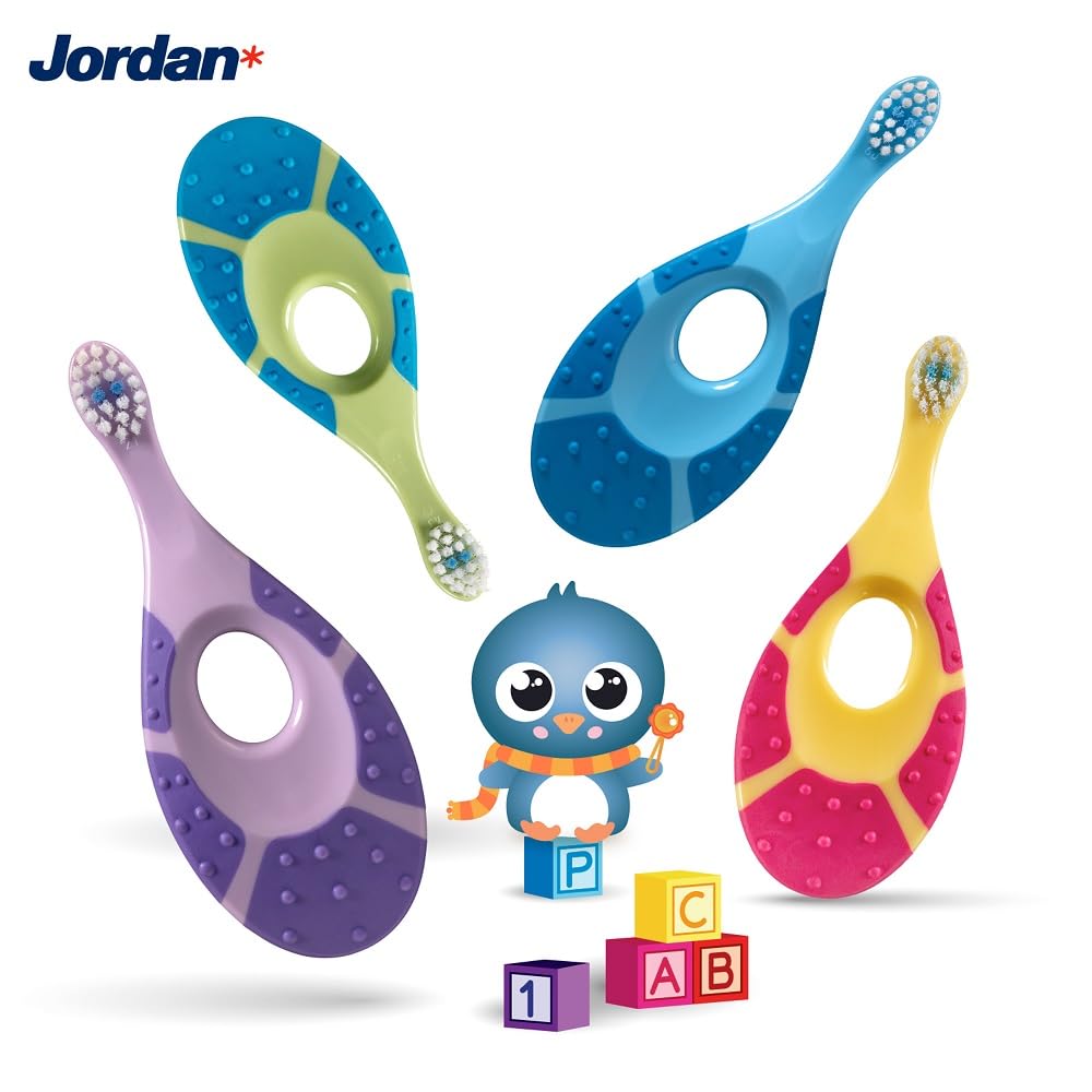 Jordan ®   Step 1 Baby Toothbrush   Baby Toothbrush 0-2 Years   The Original Toddler Toothbrush with Extra Soft Bristles & Soft Biting Ring for Babies Gums and Easy Grip   Pack 4 Units