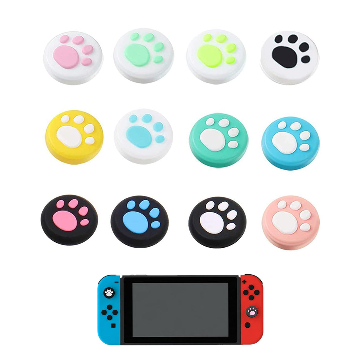 12Pcs Cartoon Cat Paw Button Caps Thumb Grips Set,Cute Cartoon Paw Cat Switch Thumb Grip Caps,Silicone Cartoon Paw Cat Thumb Caps,Soft Silicone Anti-slip Thumbstick Cover Switch Thumb Grip Caps