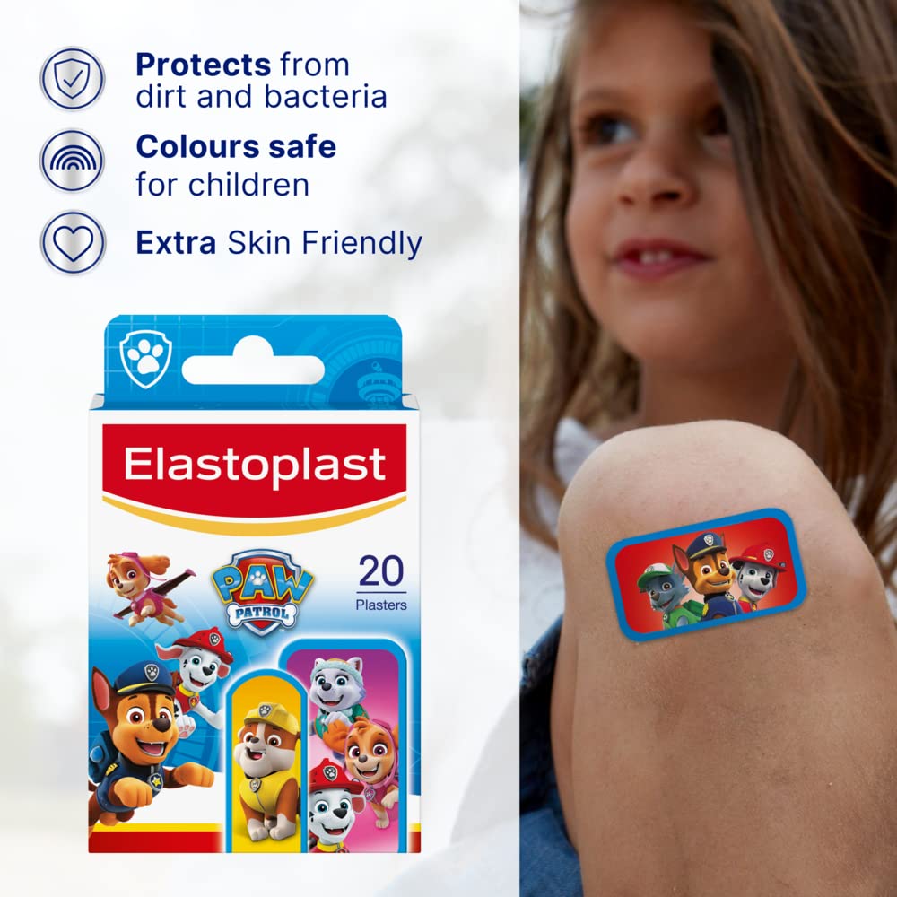 Elastoplast Paw Patrol Plasters, Assorted Sizes (20 Plasters), Coloured First Aid Plasters for Children, Kid’s Plasters with Paw Patrol Designs, Various Sized Plasters, Skin-Friendly Everyday Plasters