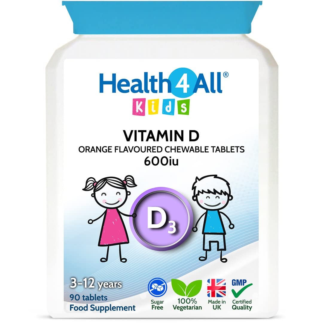 Kids Vitamin D3 600iu Chewable 90 Tablets (V). Sugar Free. Natural Orange Flavour. Made by Health4All UK