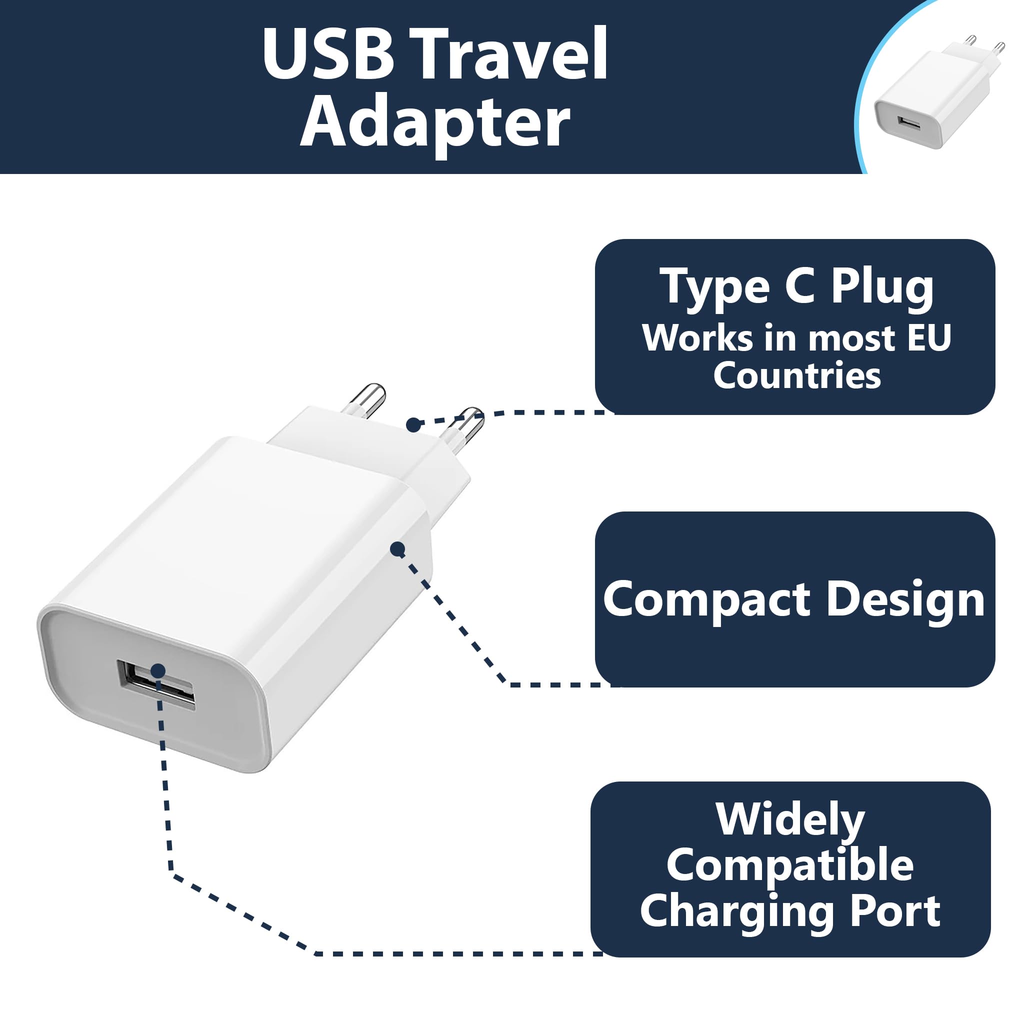 Pipestation® EU 2 Pin to USB Plug Travel Adapter Charger   Euro Wall Adaptor with USB Port   European Universal Power Charging Converter compatible with iPhone Samsung Phones Tablet Shaver Toothbrush