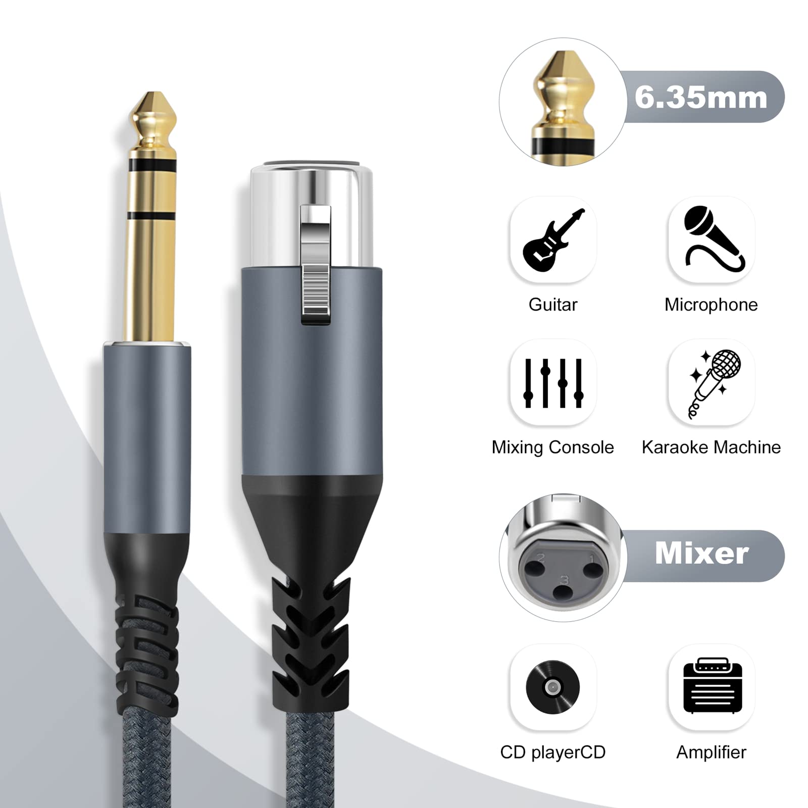 Twozoh XLR Female to 1/4 TRS Cable 3M, Braided 6.35mm Stereo Jack balanced to 3pin XLR Microphone Cable (Professional/HiFi)