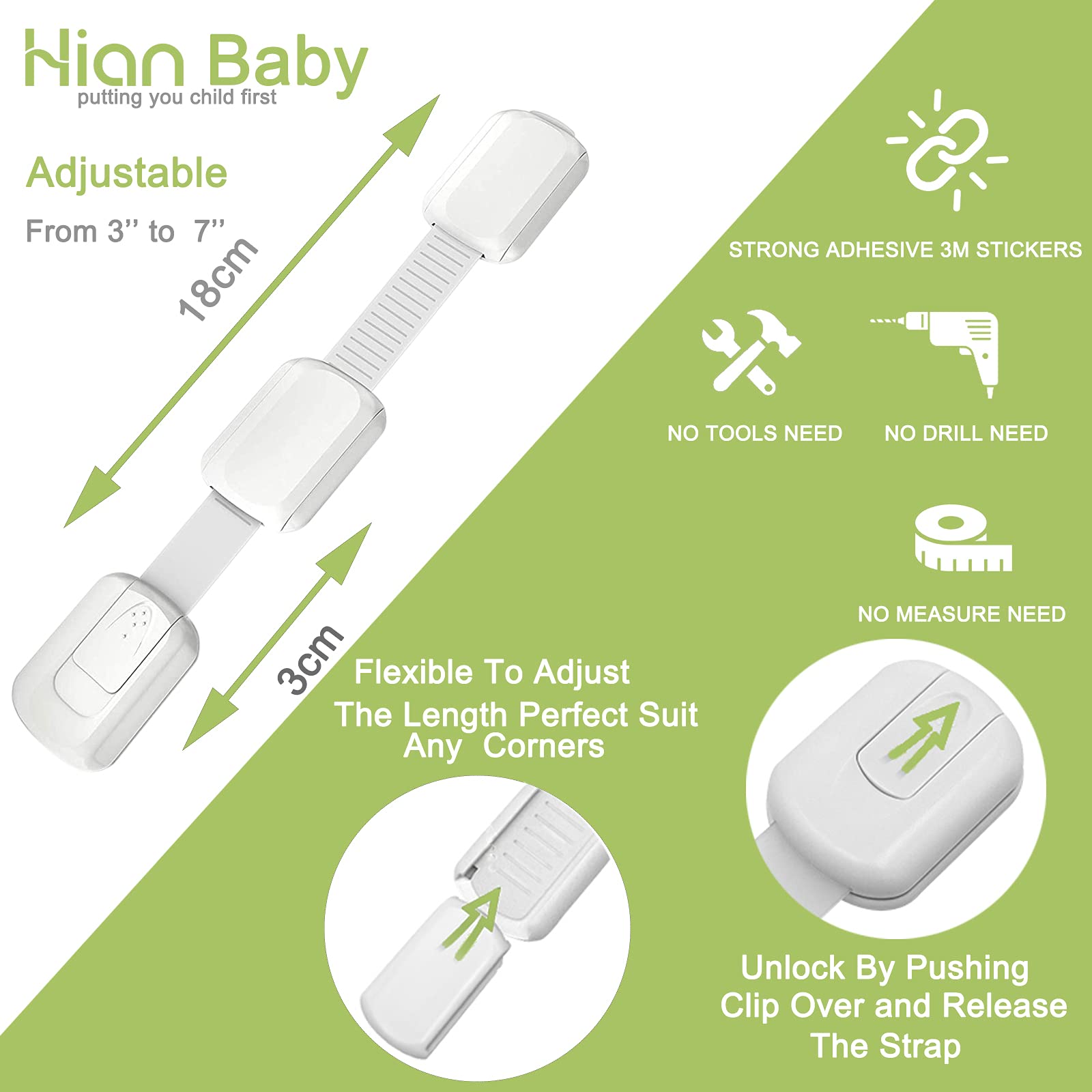 Hion Child Safety Locks,8 Pack Adjustable Cupboard Locks for Children Baby,Baby Proof Safety Locks for Cupboard Cabinet Fridge Drawer Refrigerator Kitchen Toilet - Easy Install,No Tools Needed