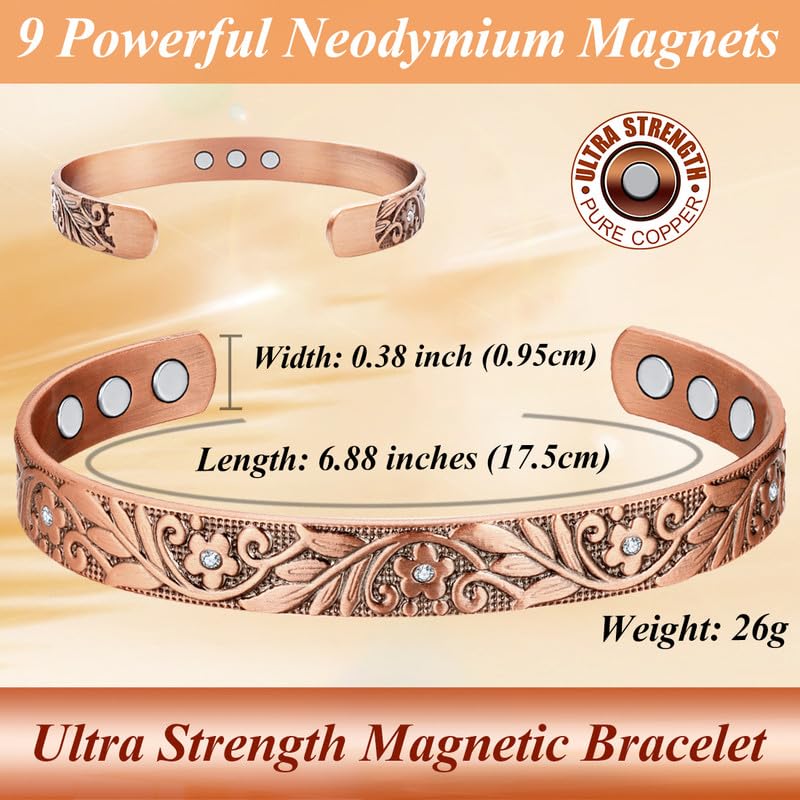 Cigmag 9X Lymphatic Drainage Copper Magnetic Bracelet for Women 99% Solid Pure Copper Ultra Strength Magnet Adjustable Brazaletes Cuff Bangle with Gift Box (Copper Crystal Plum Pattern)