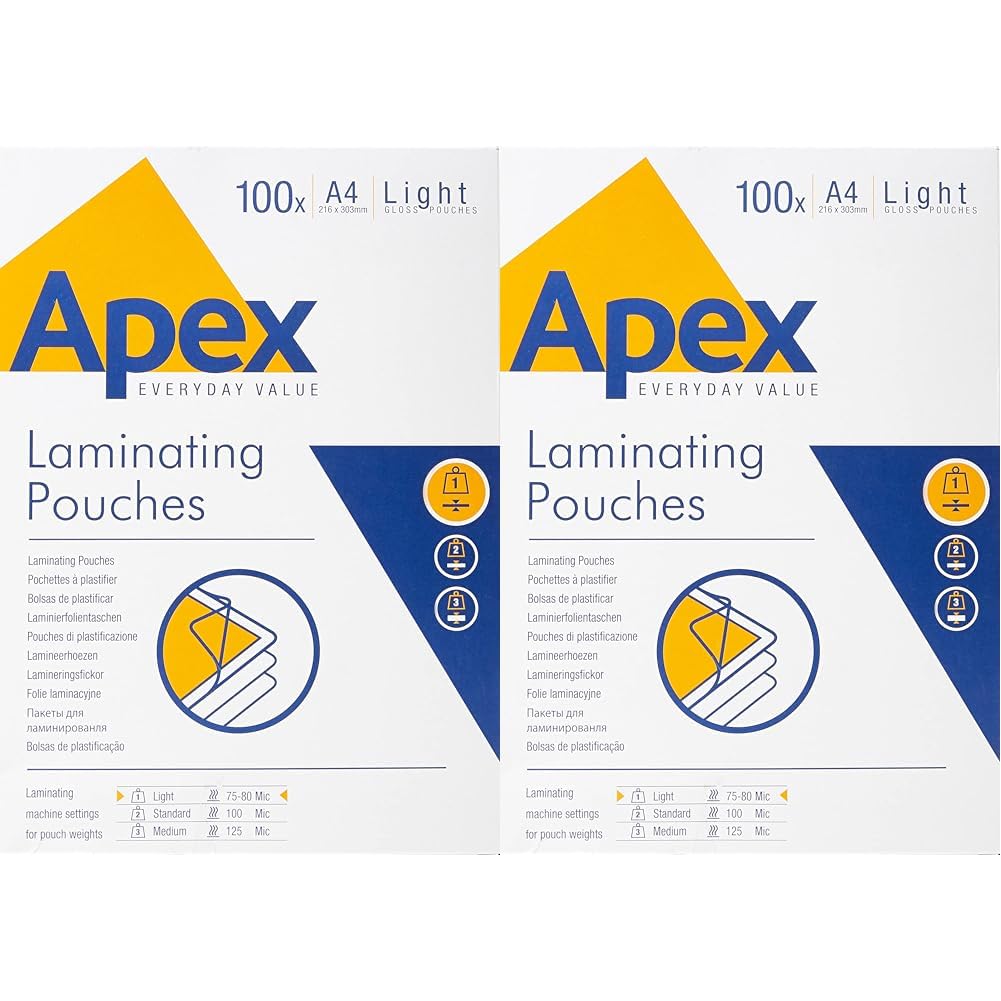 Fellowes Apex A4 Laminating Pouches, Glossy Finish, 100 Sheets - Light Duty - Ideal for Notices and Photos (Pack of 2)