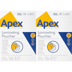 Fellowes Apex A4 Laminating Pouches, Glossy Finish, 100 Sheets - Light Duty - Ideal for Notices and Photos (Pack of 2)