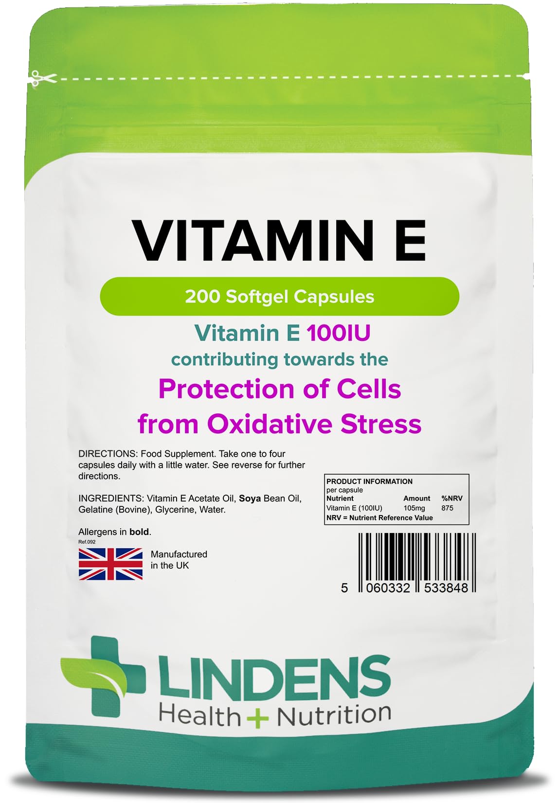 Lindens Vitamin E Oil 100IU - 200 Capsules - UK Made - Skin - Powerful Antioxidant   Protection of Cells from Oxidative Stress   Vitamin E Capsules   Letterbox Friendly