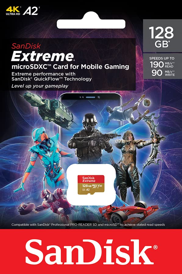 SanDisk 128GB Extreme microSDXC card for Mobile Gaming, up to 190MB/s, with A2 App Performance, UHS-I, Class 10, U3, V30