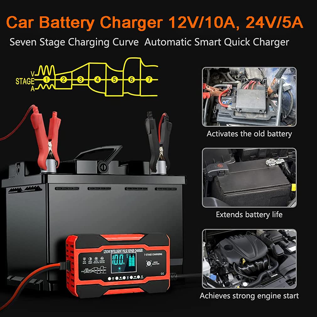 10Amp Car Battery Charger, 12V/24V Automatic Battery Charger with 7-Stage Charging and LCD Screen, Intelligent Charges, Repair, Maintains for AGM, WET & GEL Lead Acid Batteries