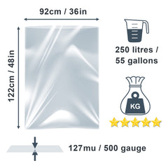 1 x XX Large Heavy Duty Clear Plastic Storage Bag - 92cm x 122cm (36 inches x 48 inches), 127mu (500 gauge) - Jumbo Transparent Waterproof Clean Tough Durable Strong Huge Sack (Pack of 1)