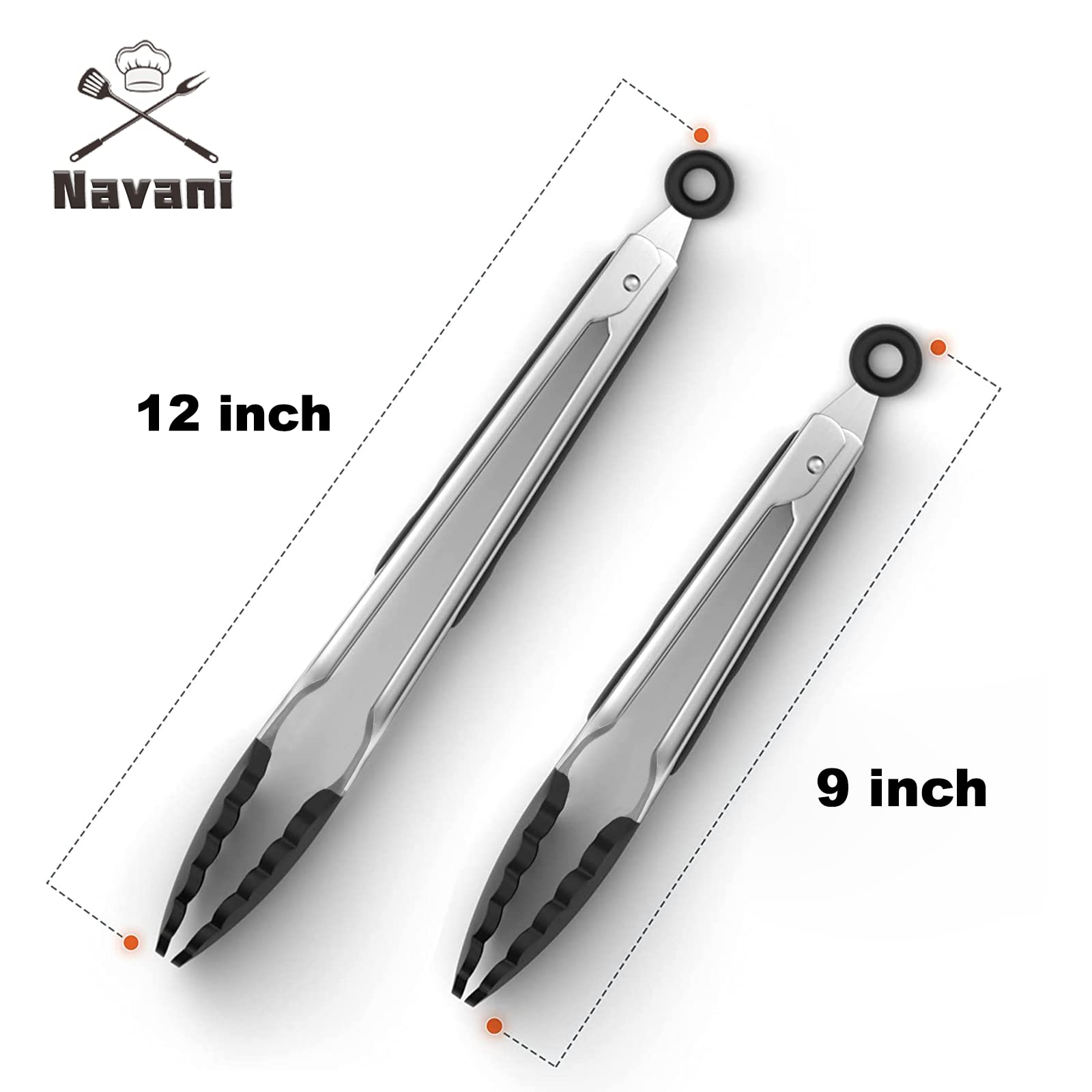 Navani Kitchen Tongs for Cooking   9 & 12inch Tongs Kitchen Silicone tip   Silicone Non Stick Tongs for air Fryer   Salad Tongs Pasta Tongs, Black 2pcs