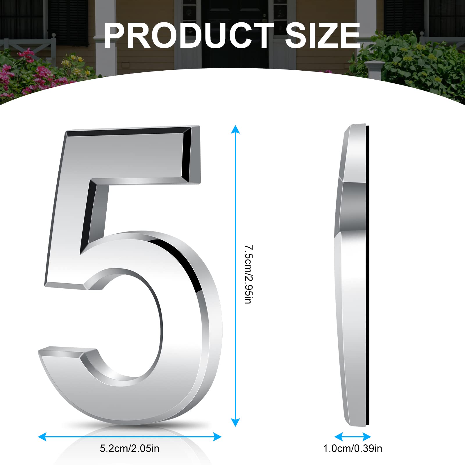 Vicloon Door Numbers, 3 Inches 3D Mailbox Numbers Waterproof, Address Numbers Self Adhesive House Numbers Street Number Stickers for House Mailbox Apartment Hotel Courtyard Cafe Silver(5)