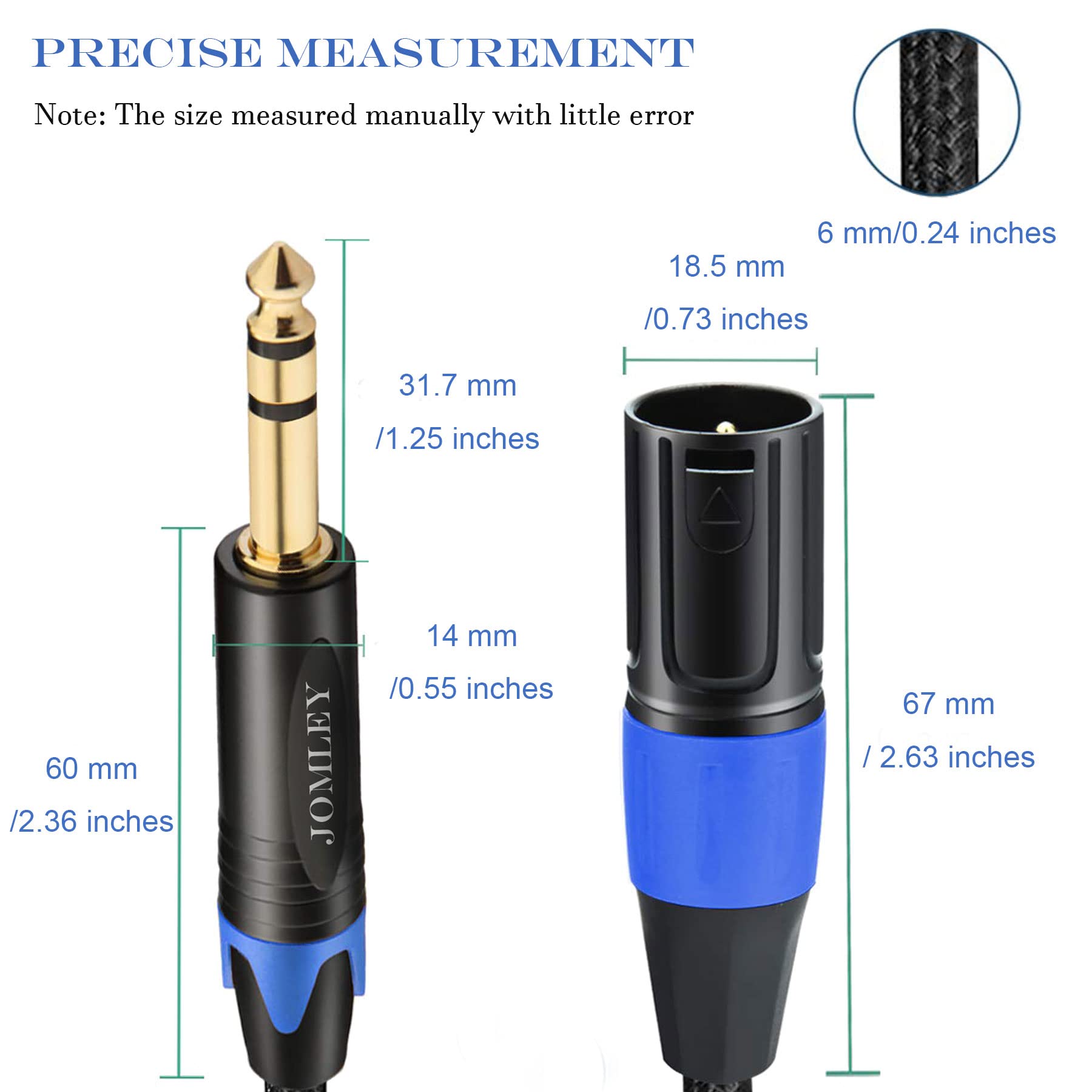 JOMLEY XLR to 6.35mm Jack Cable, 1/4 inches TRS to XLR Male Stereo Balanced Cable, 6.35mm TRS to XLR Male Interconnect Cable Nylon Braided 3-Pin Interconnect Patch Cord - 2M/6.6ft