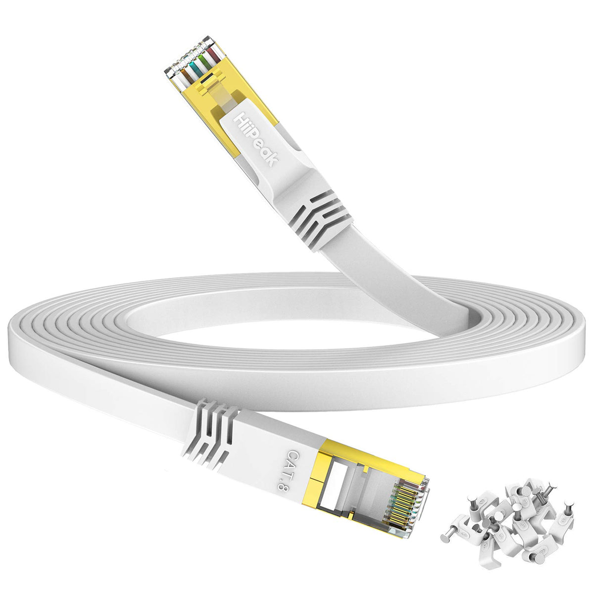 HiiPeak Cat 8 Flat Ethernet Cable 10m, Cat8 Internet Cable 40Gbps 2000Mhz High-Speed Professional LAN Patch Network Cables with RJ45 Gold-Plated Connector, Compatible with Cat5/Cat6/Cat7, White(10 m)