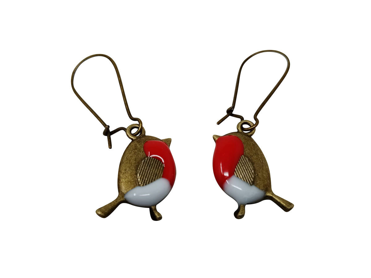 Robin Earrings Resin enamelled mid length dangle earrings in gift box (BronzeRobinKW)