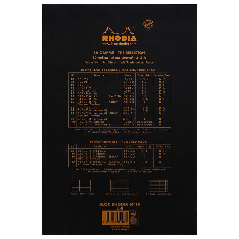 RHODIA 190009C - Stapled Notepad N°19 Black - A4and - 80 Detachable Sheets - Plain White Clairefontaine Paper 80 g/m - Soft, Resistant and Waterproof Coated Card Cover - Basics