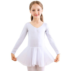 Bezioner Girls Ballet Dress Kids Gymnastics Dance Leotard Costume Dancewear With Skirt (White Long Sleeve, 140(130-140cm,10-11 Years))