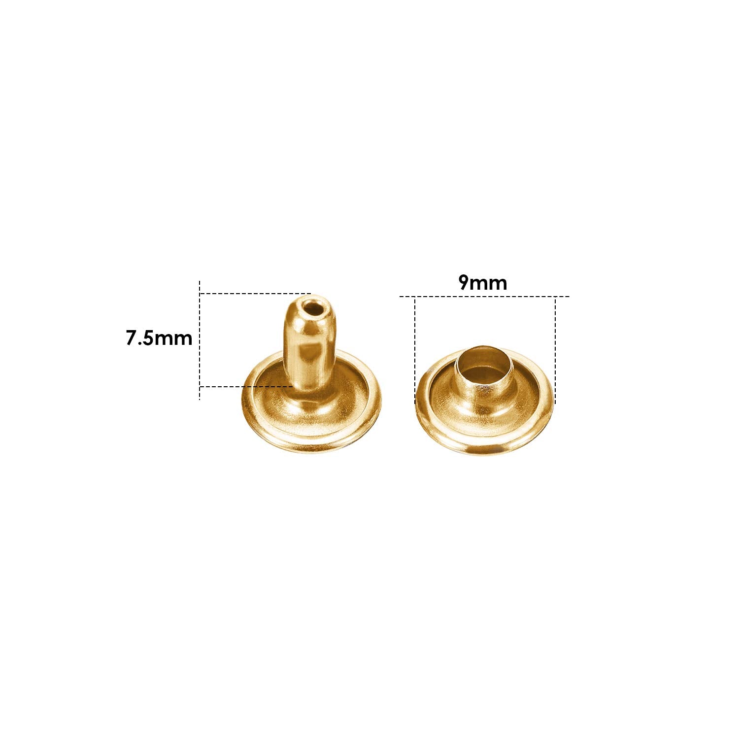 Trimming Shop Double Cap Rivets Leather Rivets Tubular Metal Studs for DIY Leathercrafts, Clothing Repair & Replacement, Handbag, Belts, 9mm x 7.5mm, Gold, 100 Sets